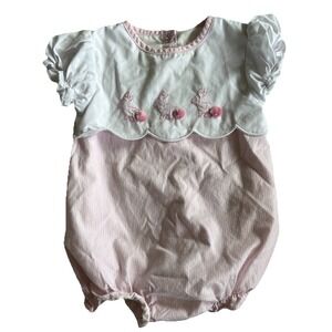 Cecil and Lou Baby Girl 12M Pink Striped Bubble Romper Embroidered Bunny Pom Pom